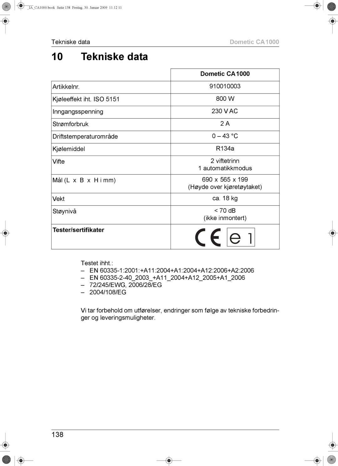 Dometic CA1000 installation manual 138, Tester/sertifikater 