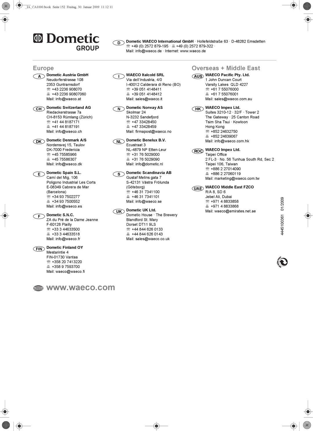 Dometic CA1000 installation manual Europe 