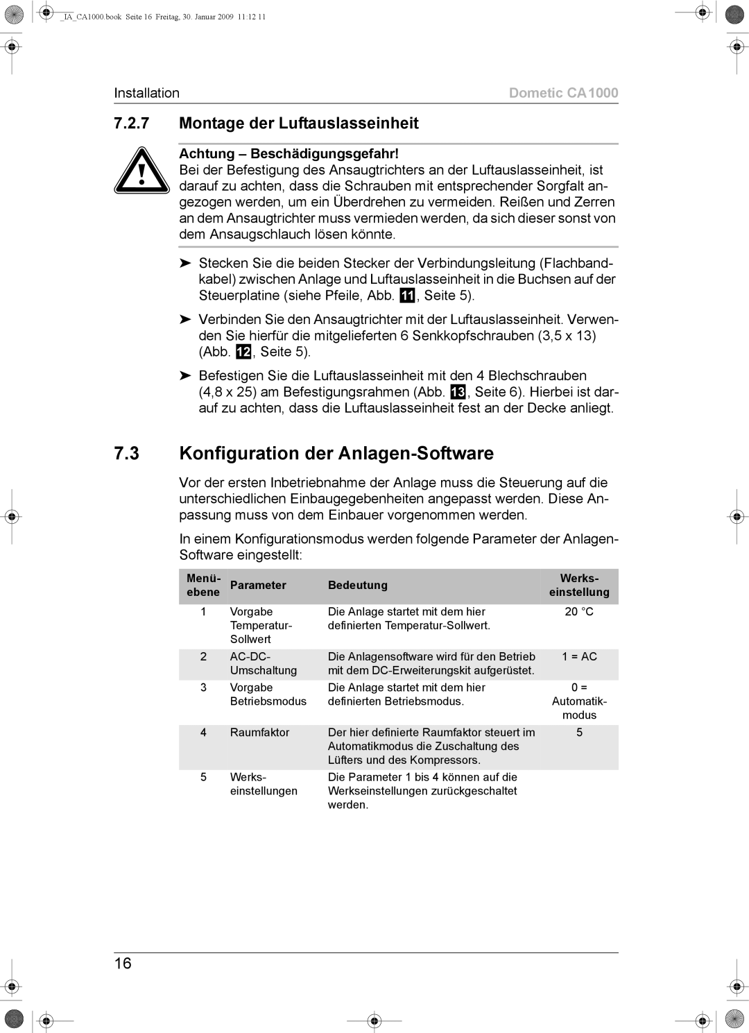 Dometic CA1000 Konfiguration der Anlagen-Software, Montage der Luftauslasseinheit, Menü Parameter Bedeutung 