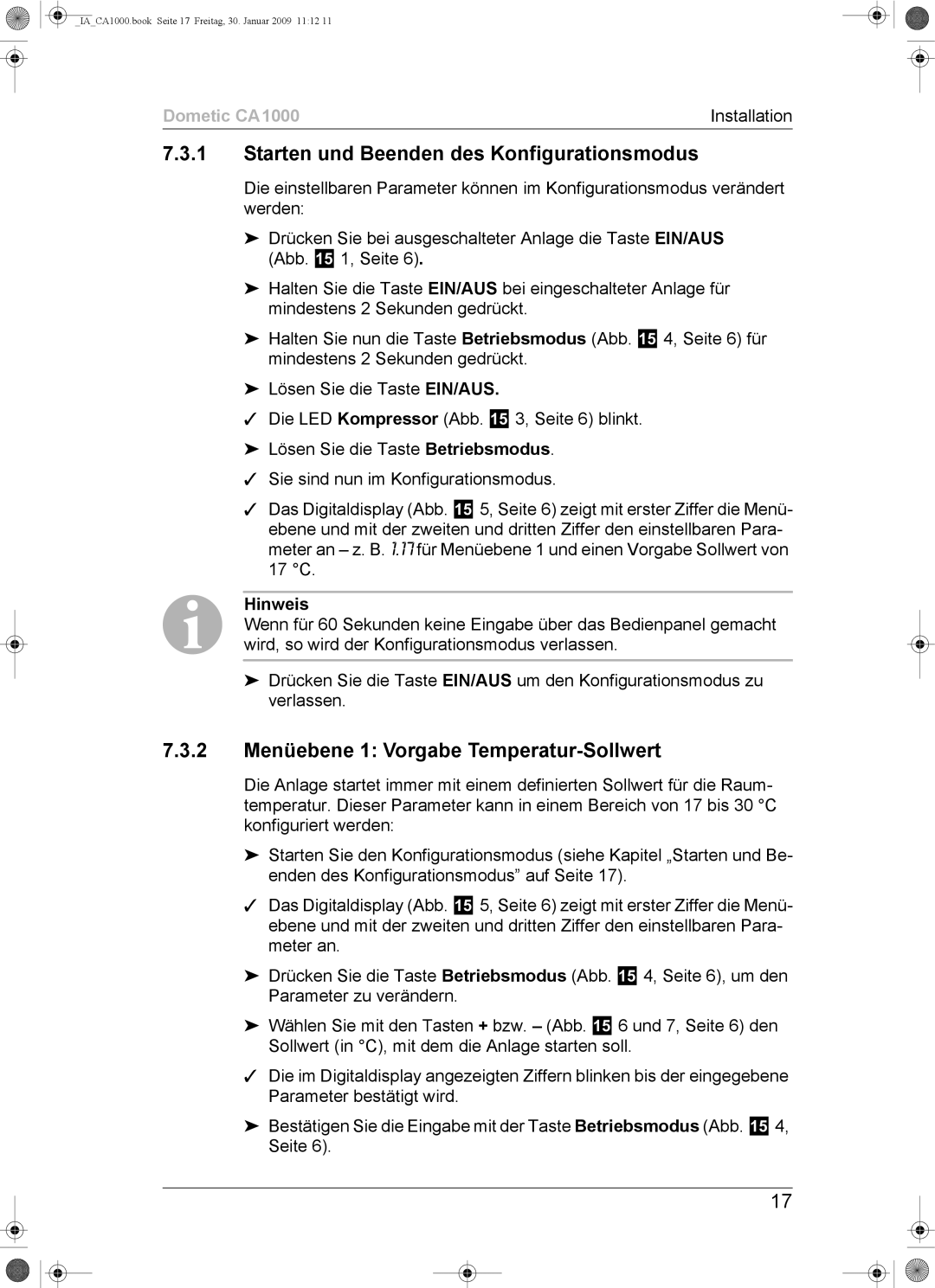 Dometic CA1000 installation manual Starten und Beenden des Konfigurationsmodus, 2 Menüebene 1 Vorgabe Temperatur-Sollwert 