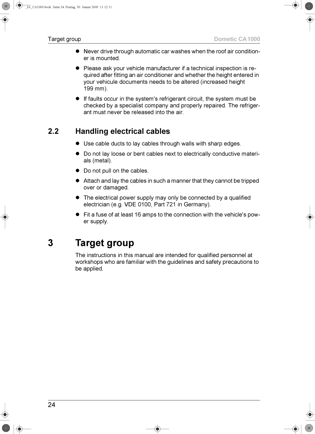 Dometic CA1000 installation manual Target group, Handling electrical cables 