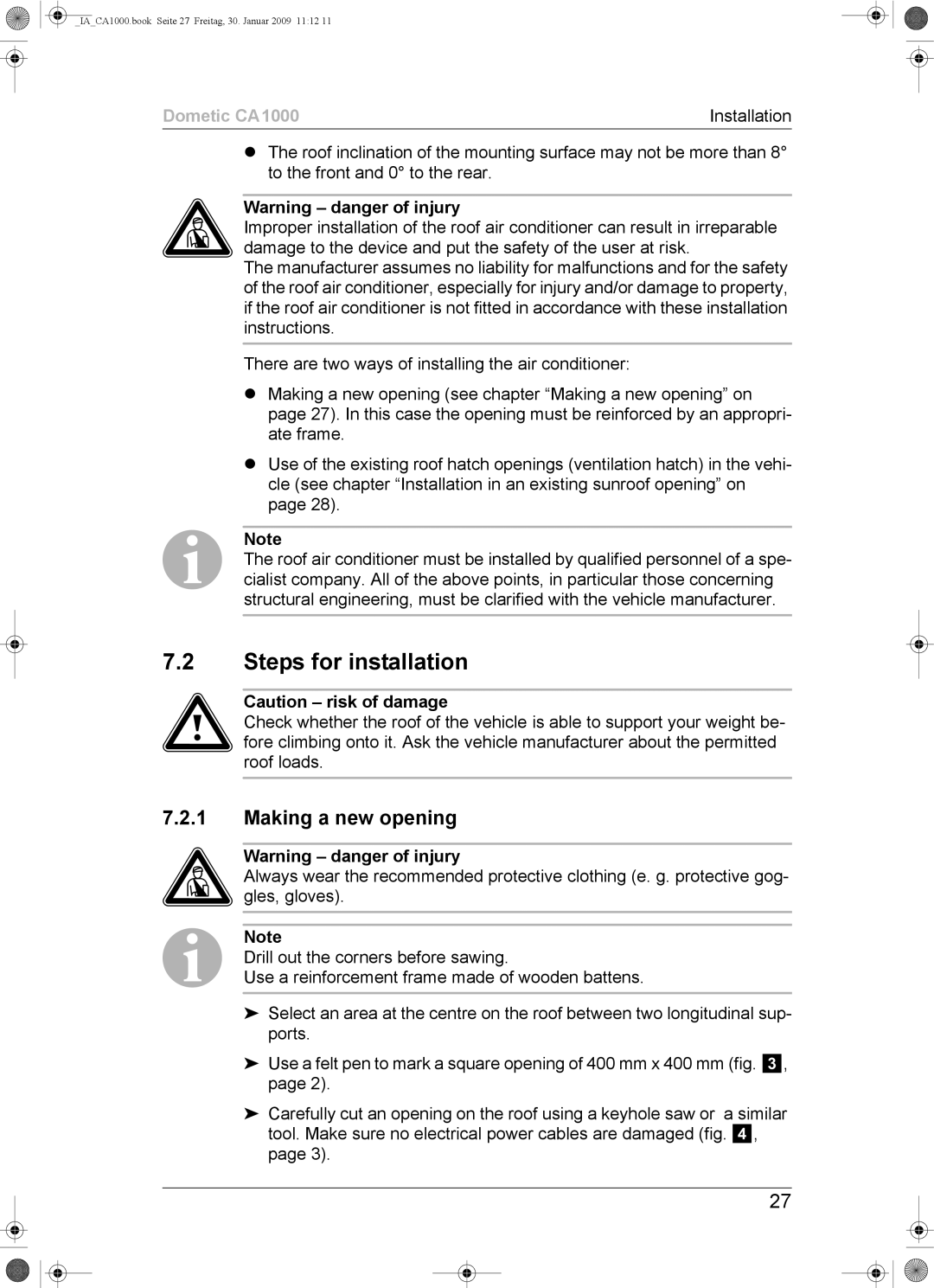 Dometic CA1000 installation manual Steps for installation, Making a new opening 