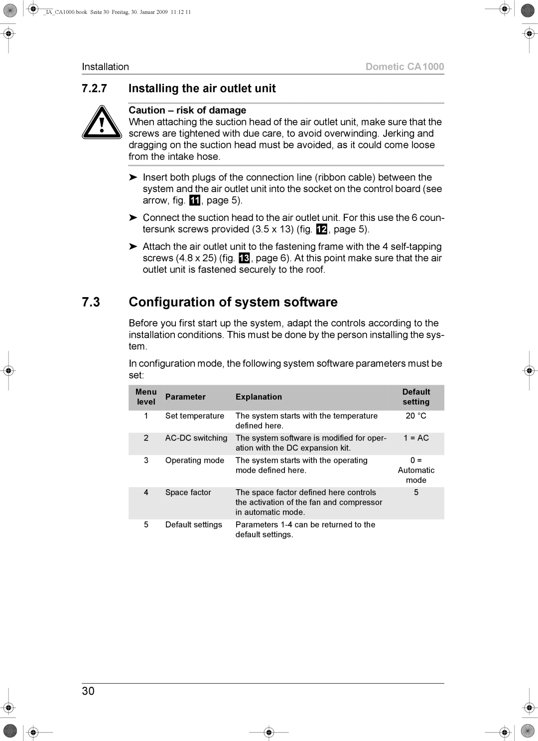 Dometic CA1000 Configuration of system software, Installing the air outlet unit, Menu Parameter Explanation 