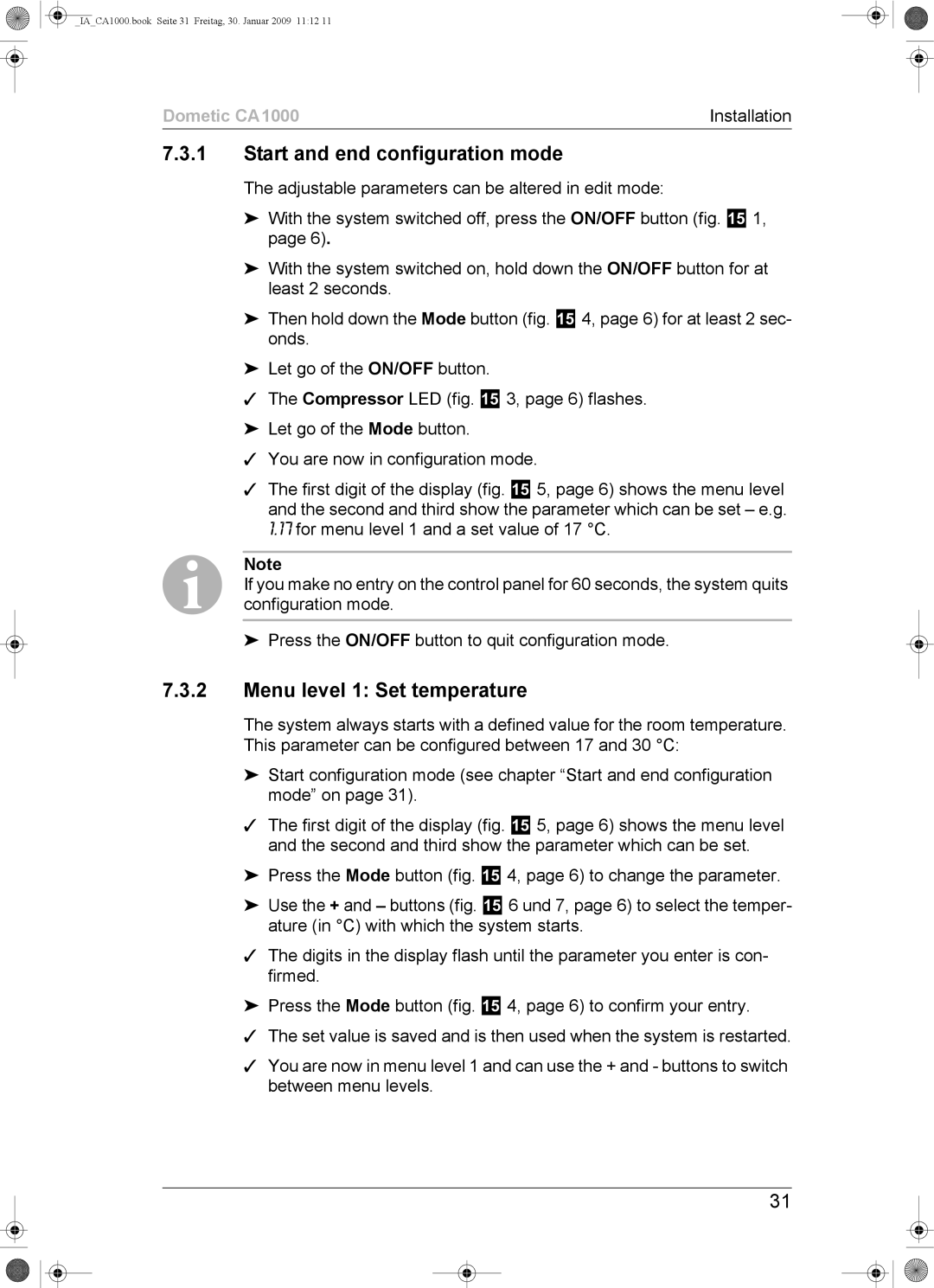 Dometic CA1000 installation manual Start and end configuration mode, Menu level 1 Set temperature 