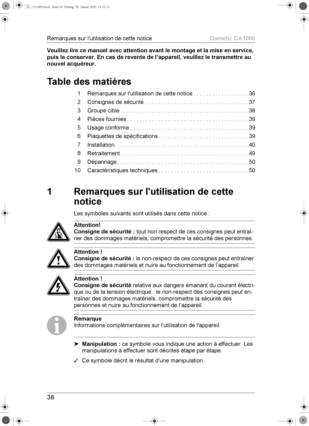 Dometic CA1000 installation manual Table des matières, Remarques sur lutilisation de cette notice 