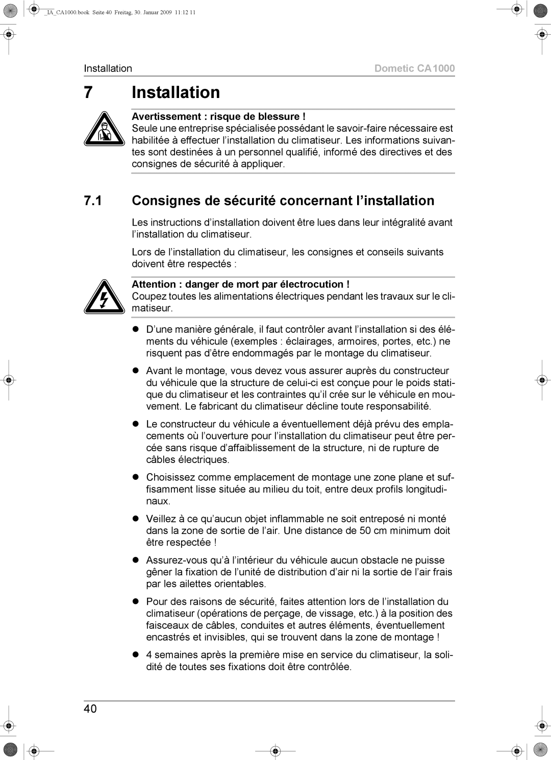 Dometic CA1000 installation manual Installation, Consignes de sécurité concernant l’installation 