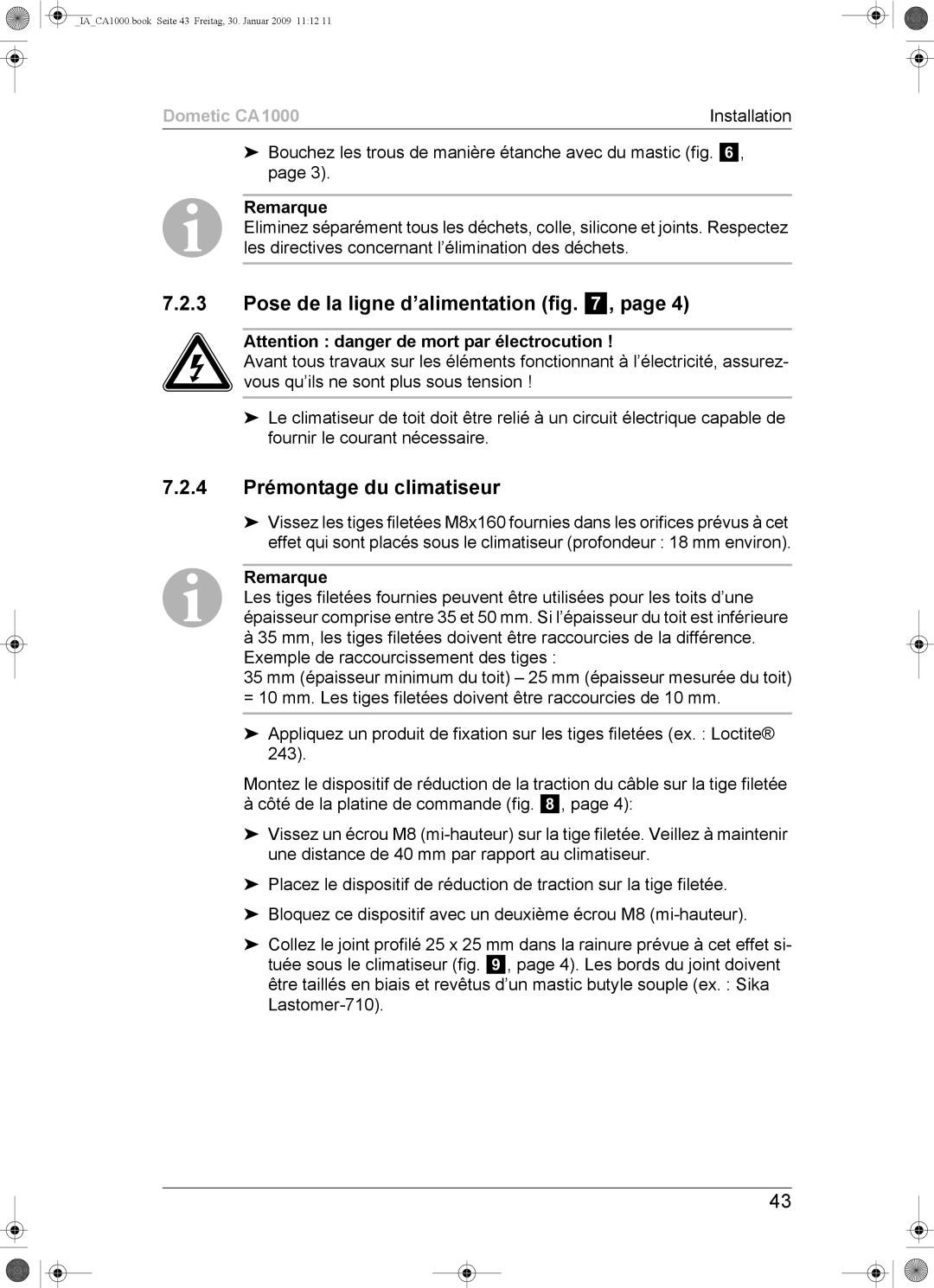 Dometic CA1000 installation manual Pose de la ligne d’alimentation, 4 Prémontage du climatiseur 