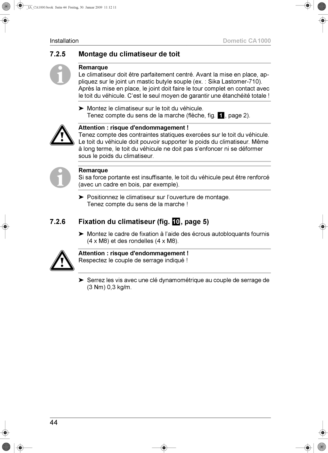 Dometic CA1000 installation manual Montage du climatiseur de toit, Fixation du climatiseur 