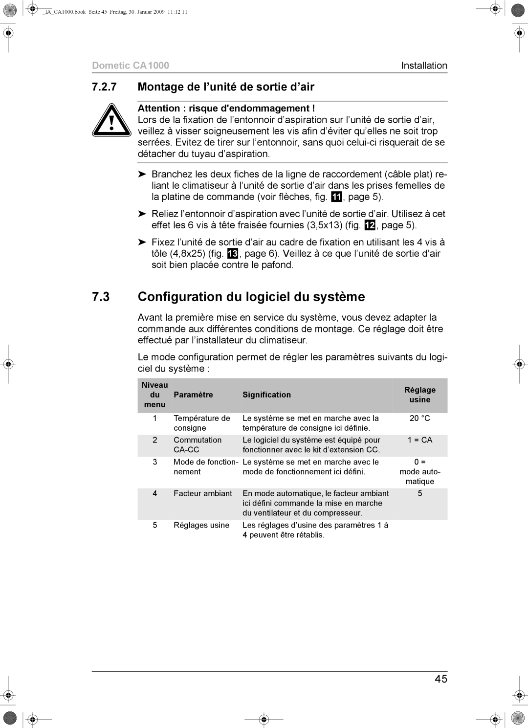 Dometic CA1000 installation manual Configuration du logiciel du système, Montage de l’unité de sortie d’air, Réglage Usine 