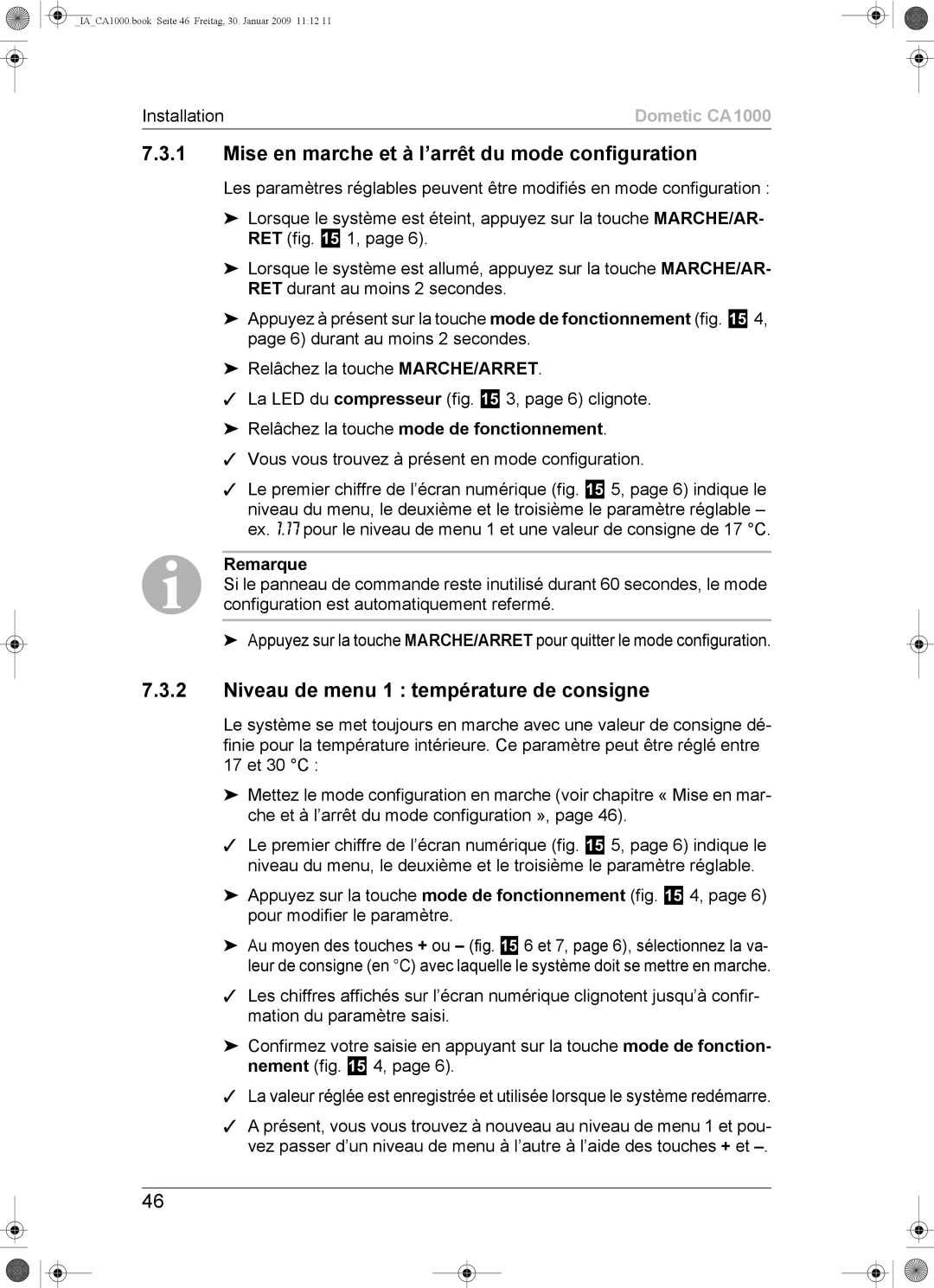 Dometic CA1000 Mise en marche et à l’arrêt du mode configuration, Niveau de menu 1 température de consigne 