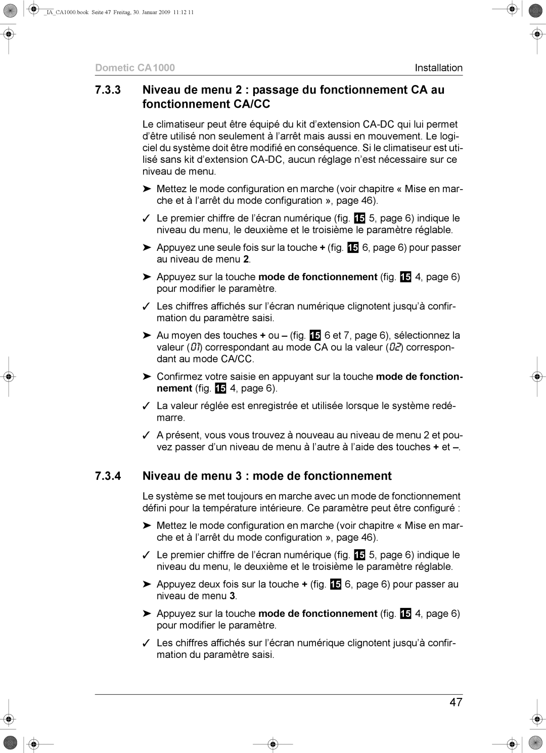 Dometic CA1000 installation manual Niveau de menu 3 mode de fonctionnement 