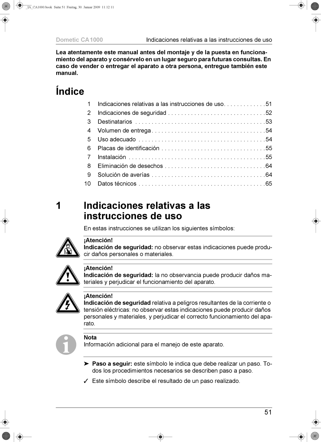 Dometic CA1000 installation manual Índice, Indicaciones relativas a las instrucciones de uso 