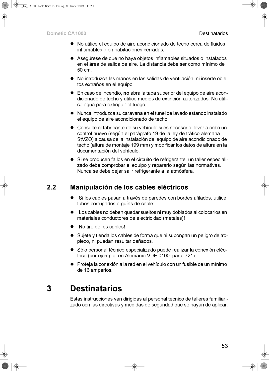 Dometic CA1000 installation manual Destinatarios, Manipulación de los cables eléctricos 