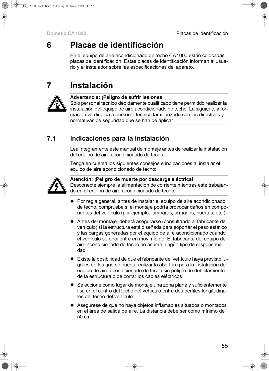 Dometic CA1000 installation manual Placas de identificación, Instalación, Indicaciones para la instalación 