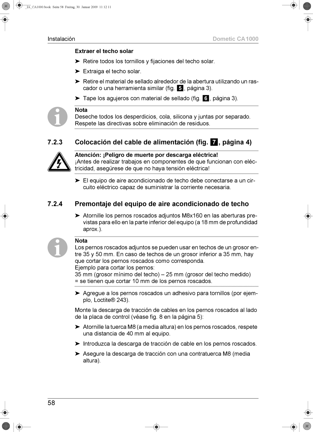 Dometic CA1000 Colocación del cable de alimentación , página, Premontaje del equipo de aire acondicionado de techo 