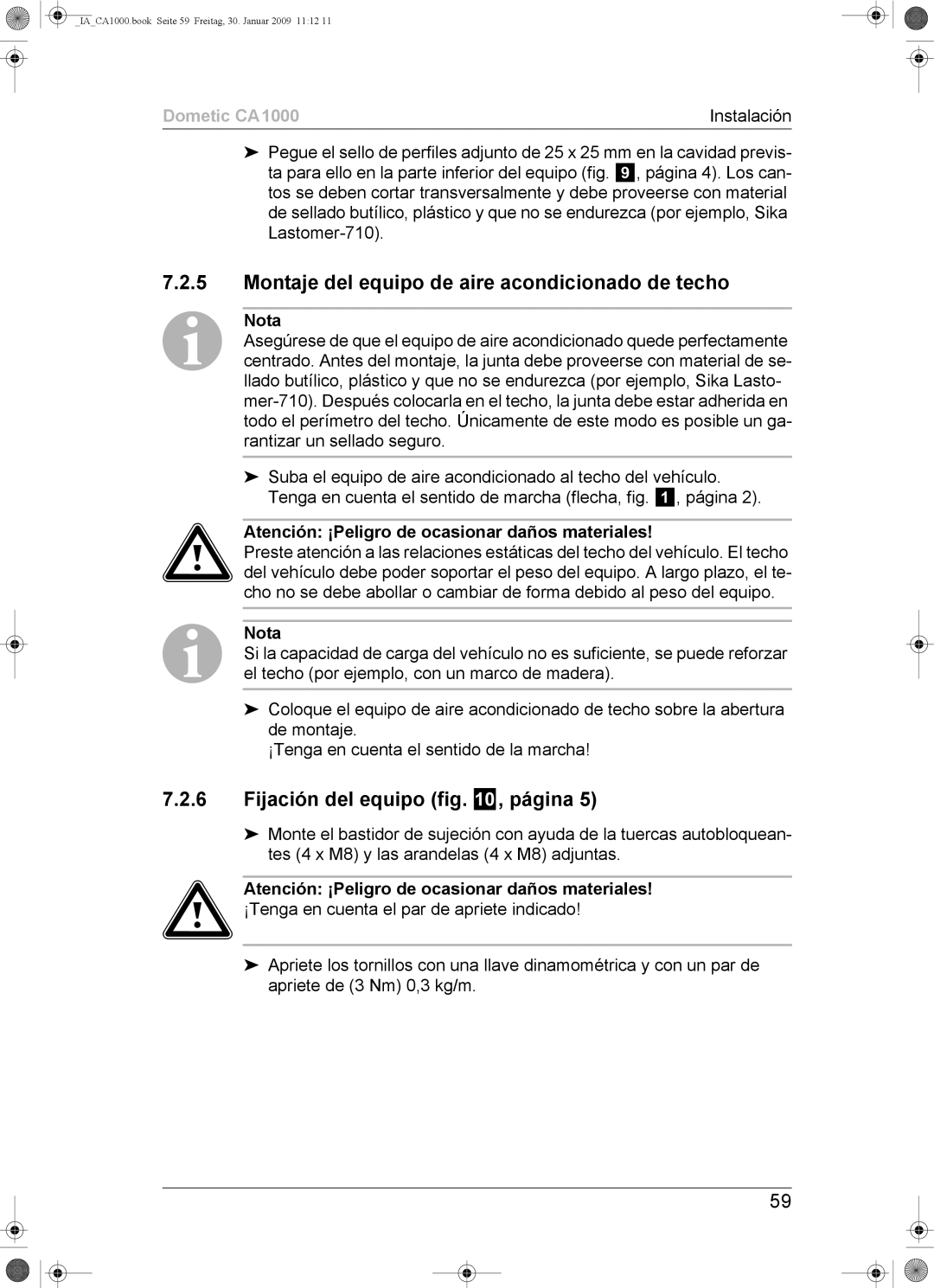 Dometic CA1000 installation manual Montaje del equipo de aire acondicionado de techo, Fijación del equipo , página 