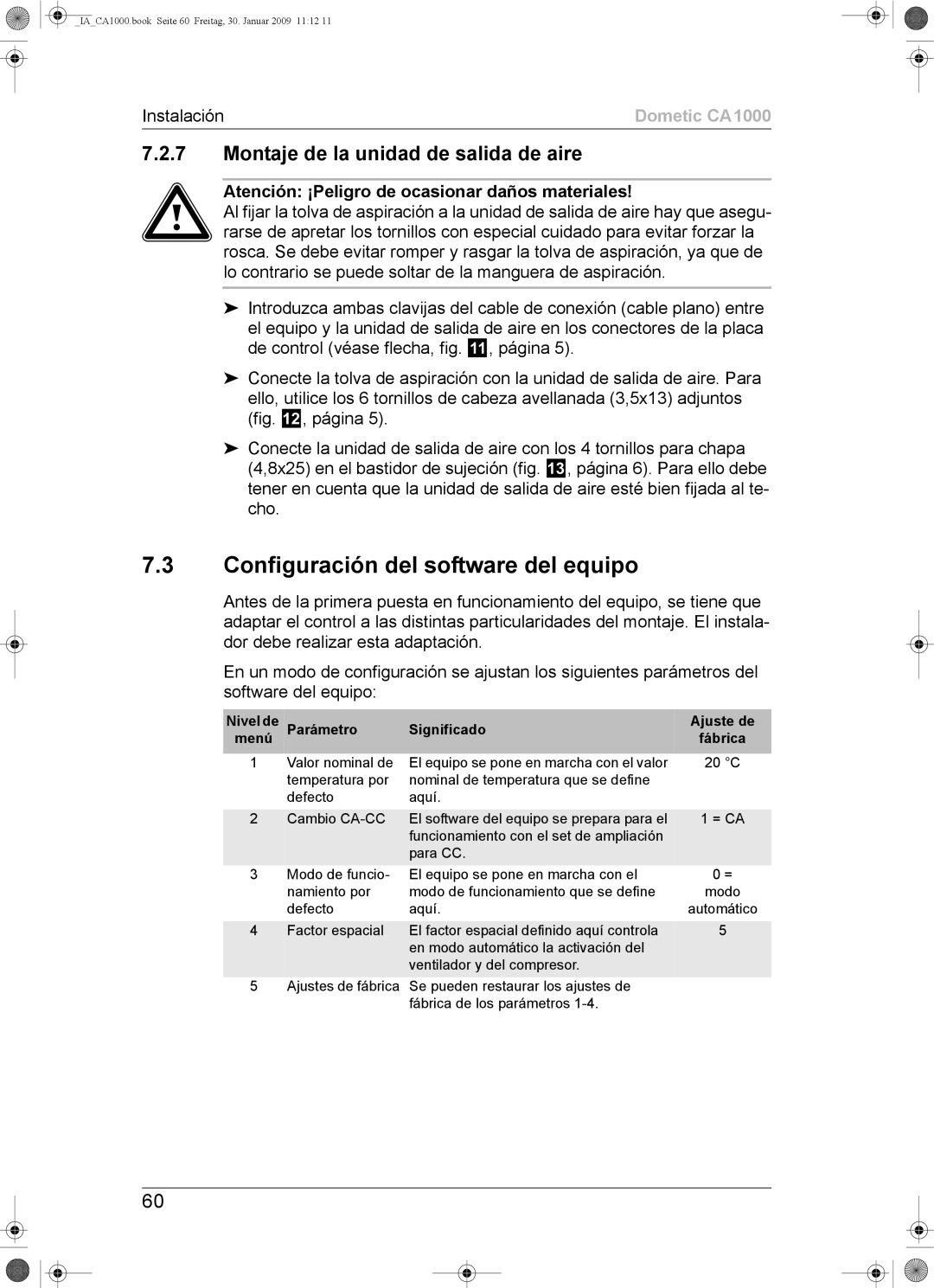 Dometic CA1000 Configuración del software del equipo, Montaje de la unidad de salida de aire, Parámetro Significado Menú 