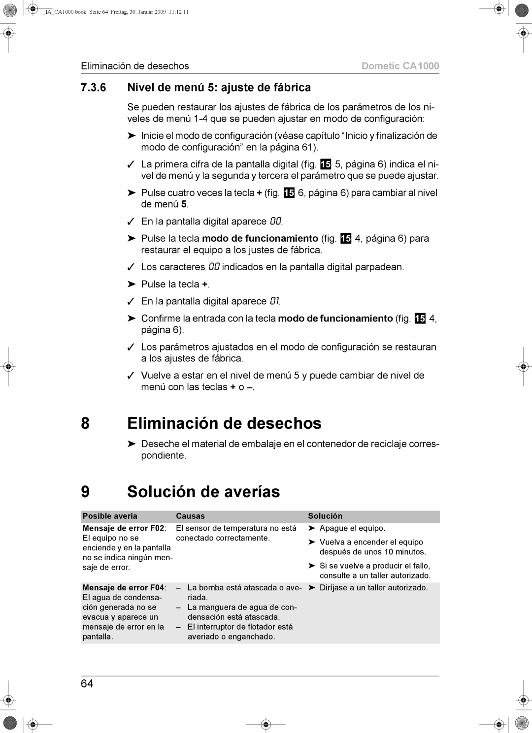 Dometic CA1000 Eliminación de desechos, Solución de averías, Nivel de menú 5 ajuste de fábrica, Posible avería Causas 