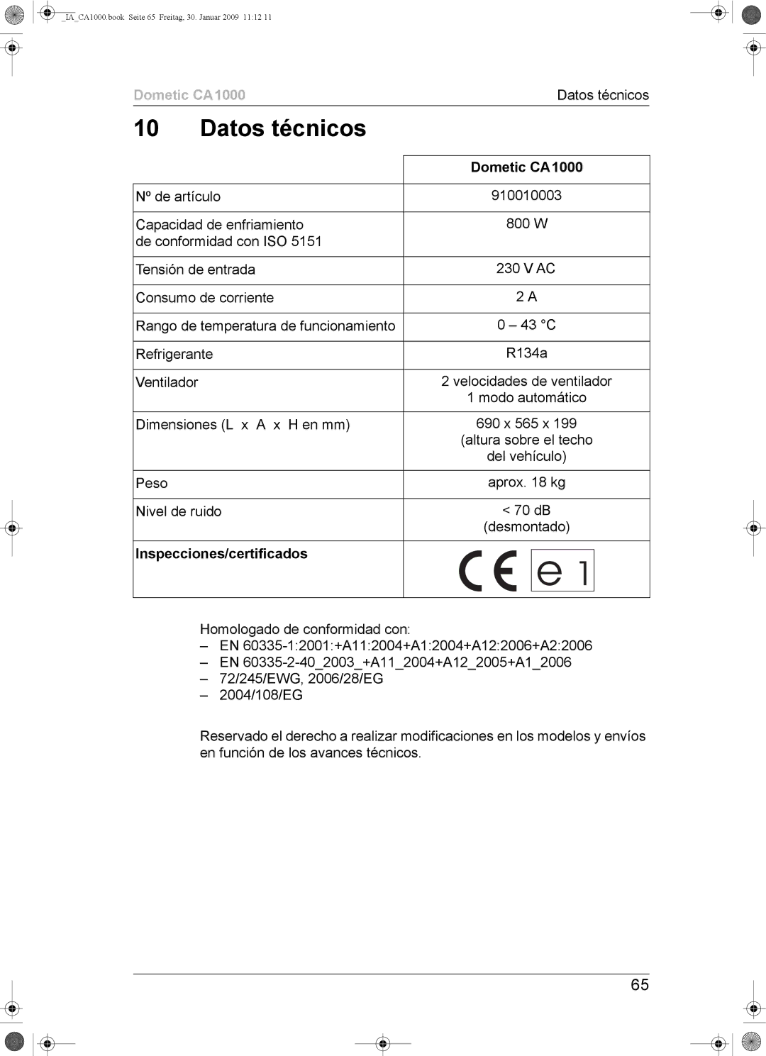 Dometic CA1000 installation manual Datos técnicos, Inspecciones/certificados 