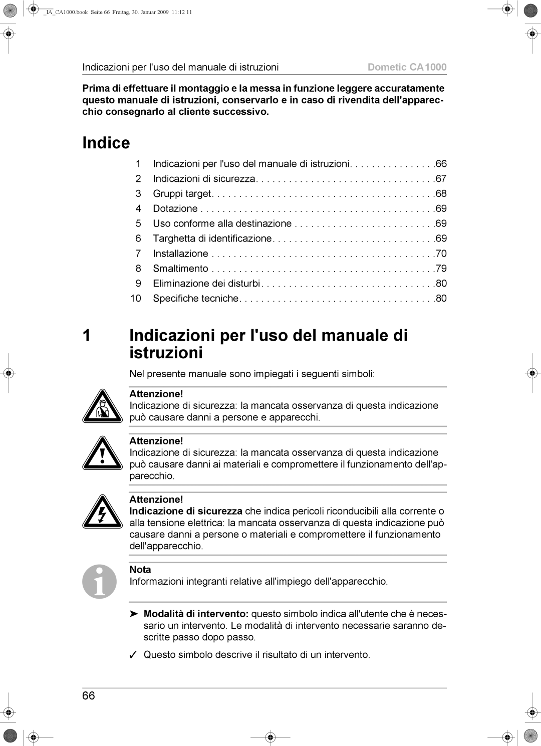 Dometic CA1000 installation manual Indice, Indicazioni per luso del manuale di istruzioni 