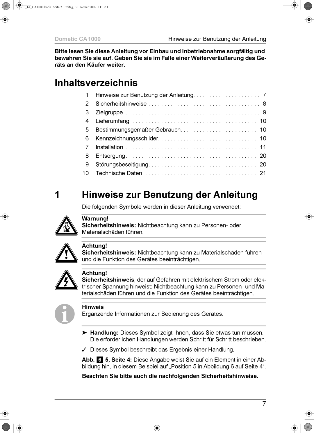 Dometic CA1000 installation manual Inhaltsverzeichnis, Hinweise zur Benutzung der Anleitung 