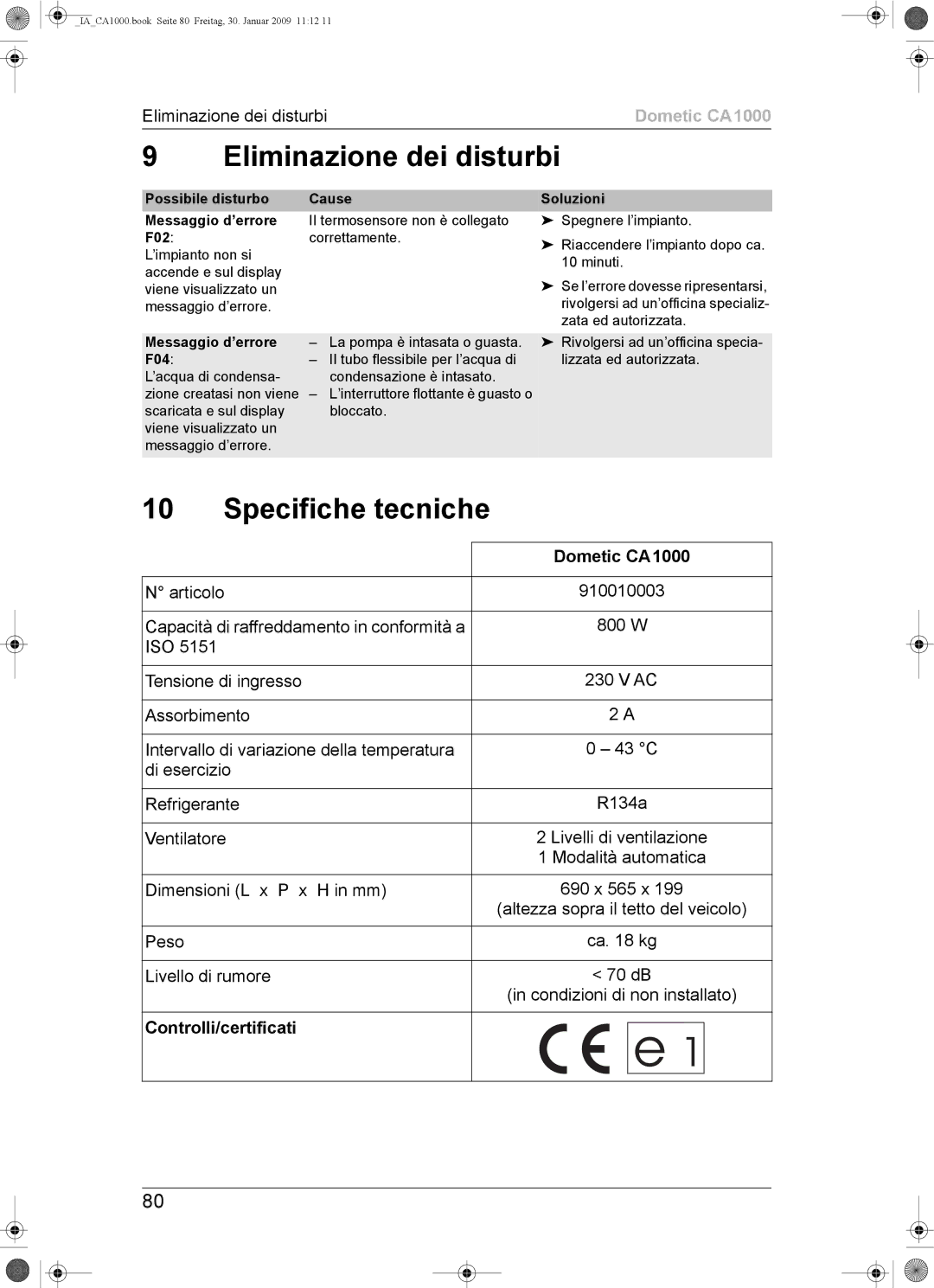 Dometic CA1000 Eliminazione dei disturbi, Controlli/certificati, Possibile disturbo Cause Messaggio d’errore, F02 