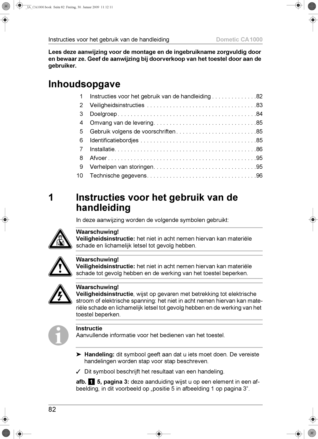 Dometic CA1000 installation manual Inhoudsopgave, Instructies voor het gebruik van de handleiding 