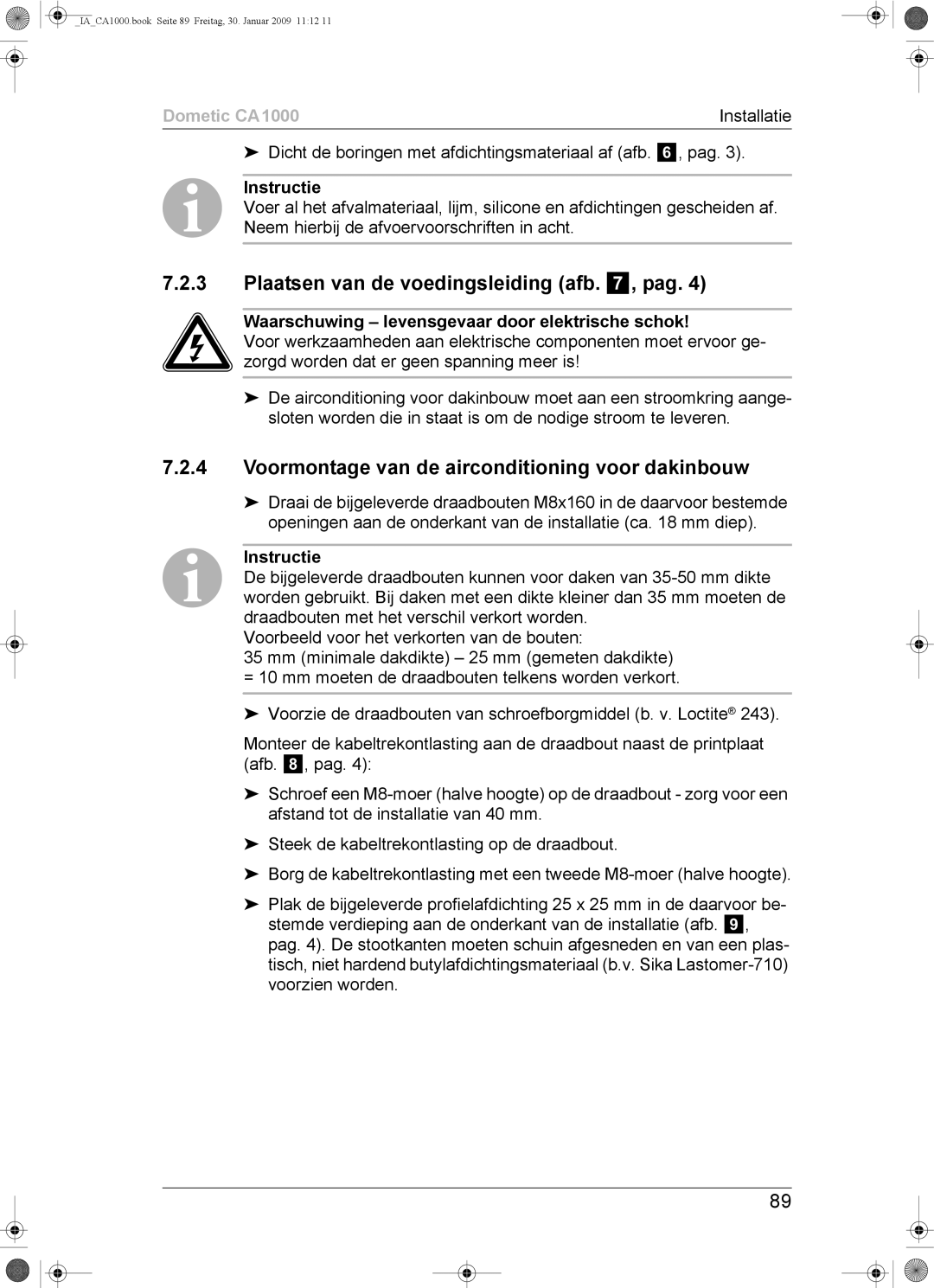 Dometic CA1000 Plaatsen van de voedingsleiding afb , pag, Voormontage van de airconditioning voor dakinbouw 