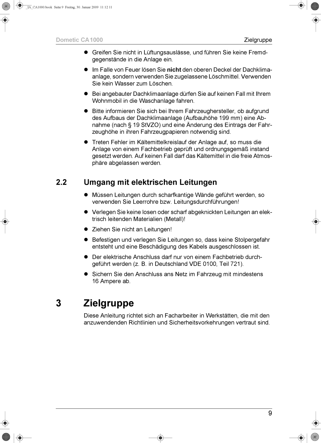 Dometic CA1000 installation manual Zielgruppe, Umgang mit elektrischen Leitungen 