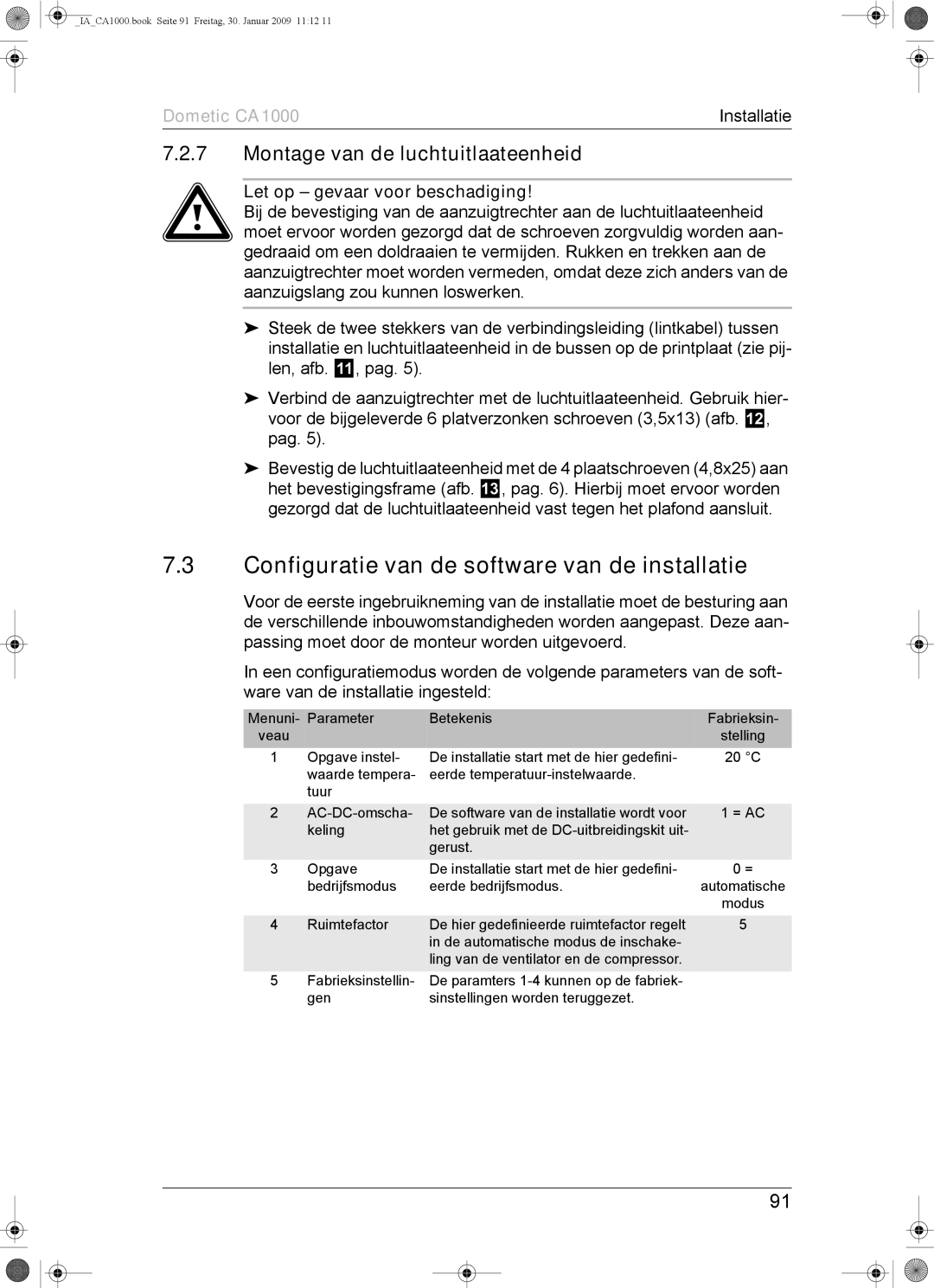 Dometic CA1000 installation manual Configuratie van de software van de installatie, Montage van de luchtuitlaateenheid 