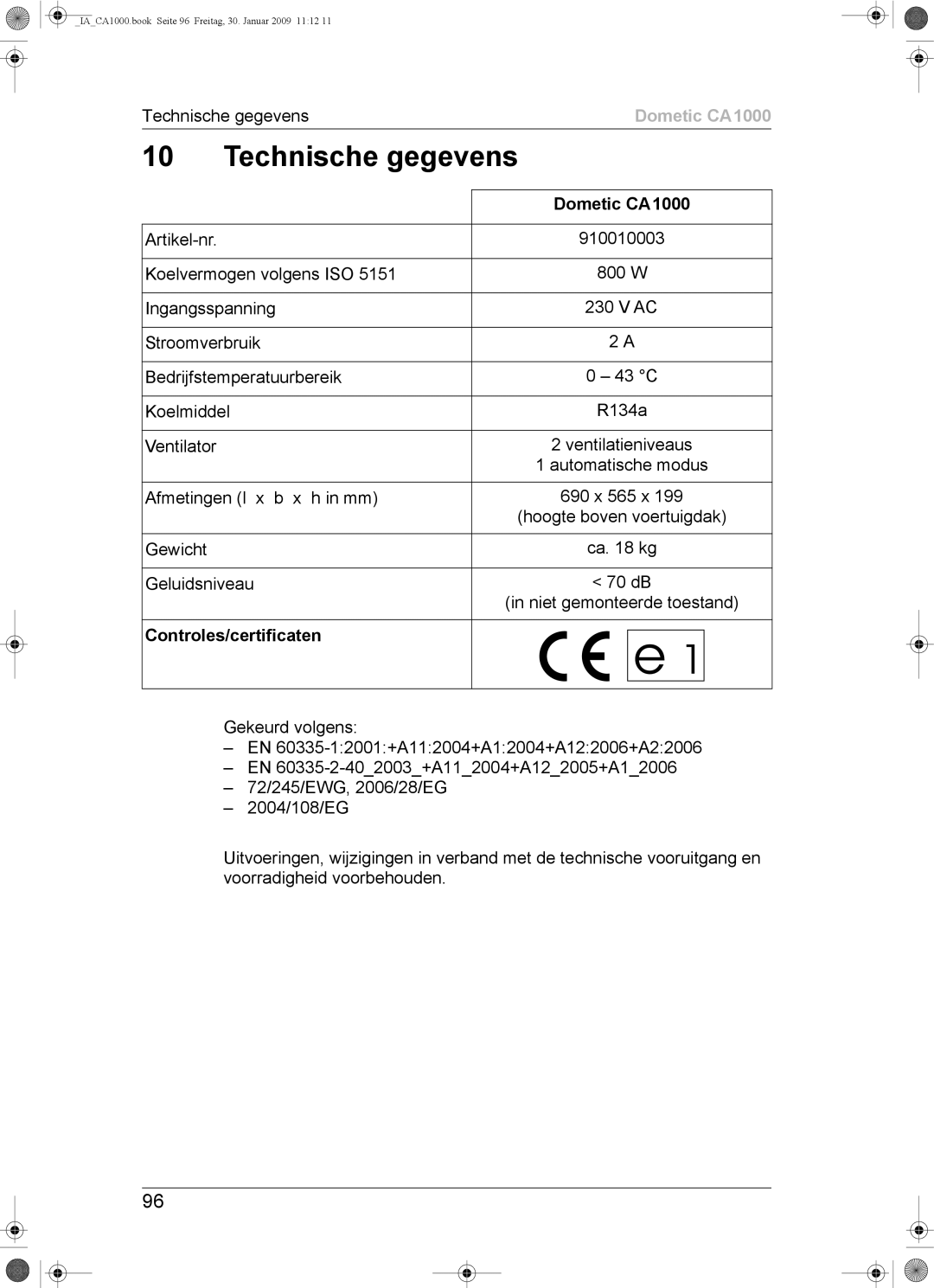 Dometic CA1000 installation manual Technische gegevens, Controles/certificaten 