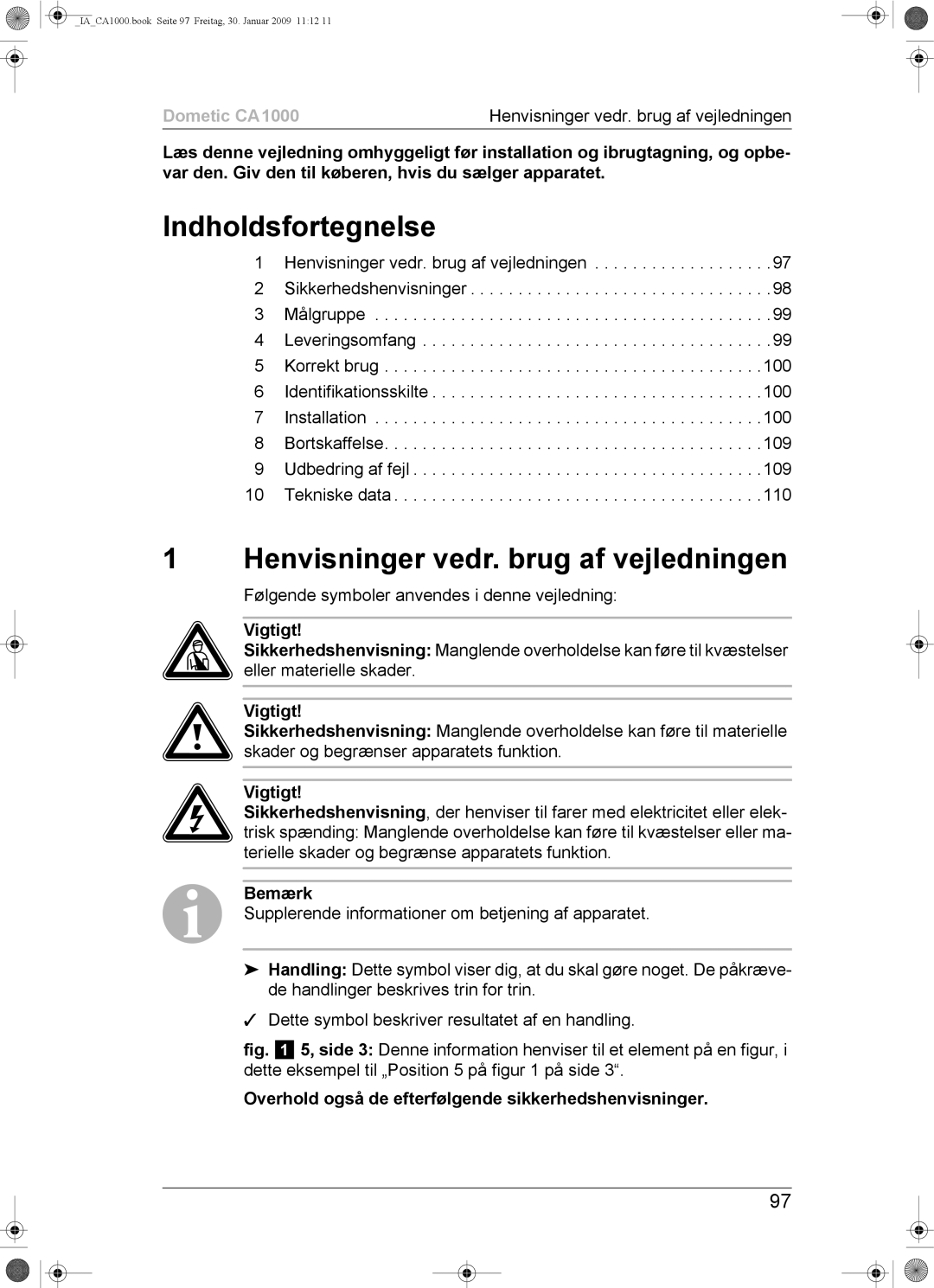 Dometic CA1000 installation manual Indholdsfortegnelse, Henvisninger vedr. brug af vejledningen 