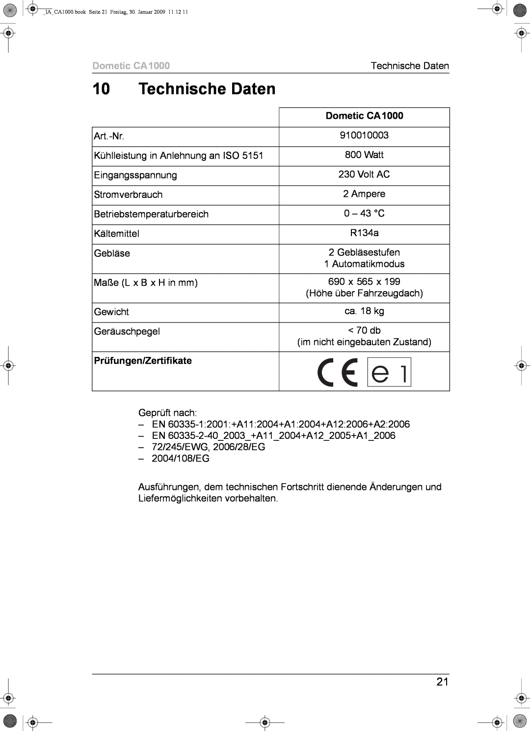 Dometic installation manual Technische Daten, Dometic CA1000, Prüfungen/Zertifikate 