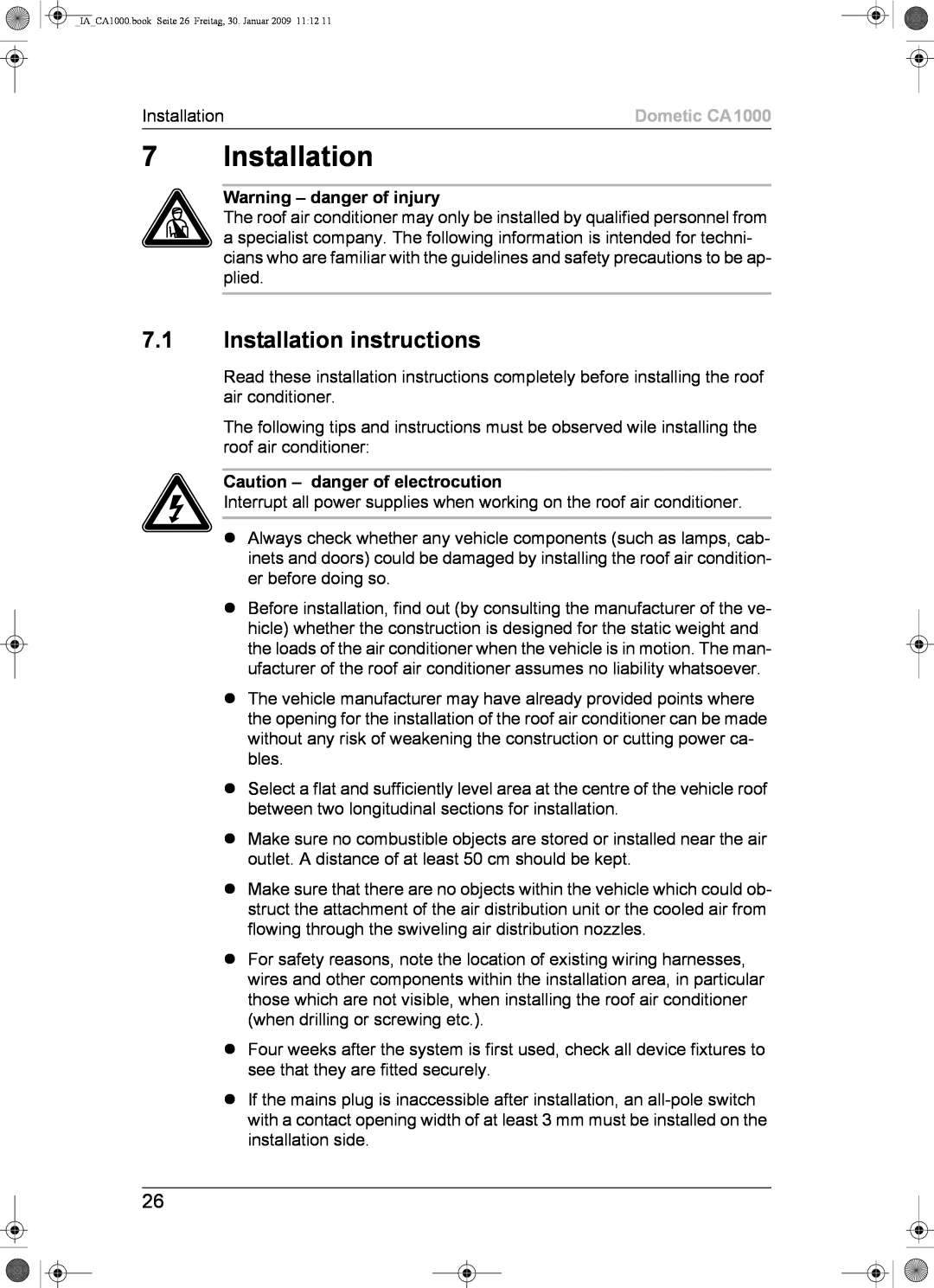 Dometic installation manual 7.1Installation instructions, Dometic CA1000 