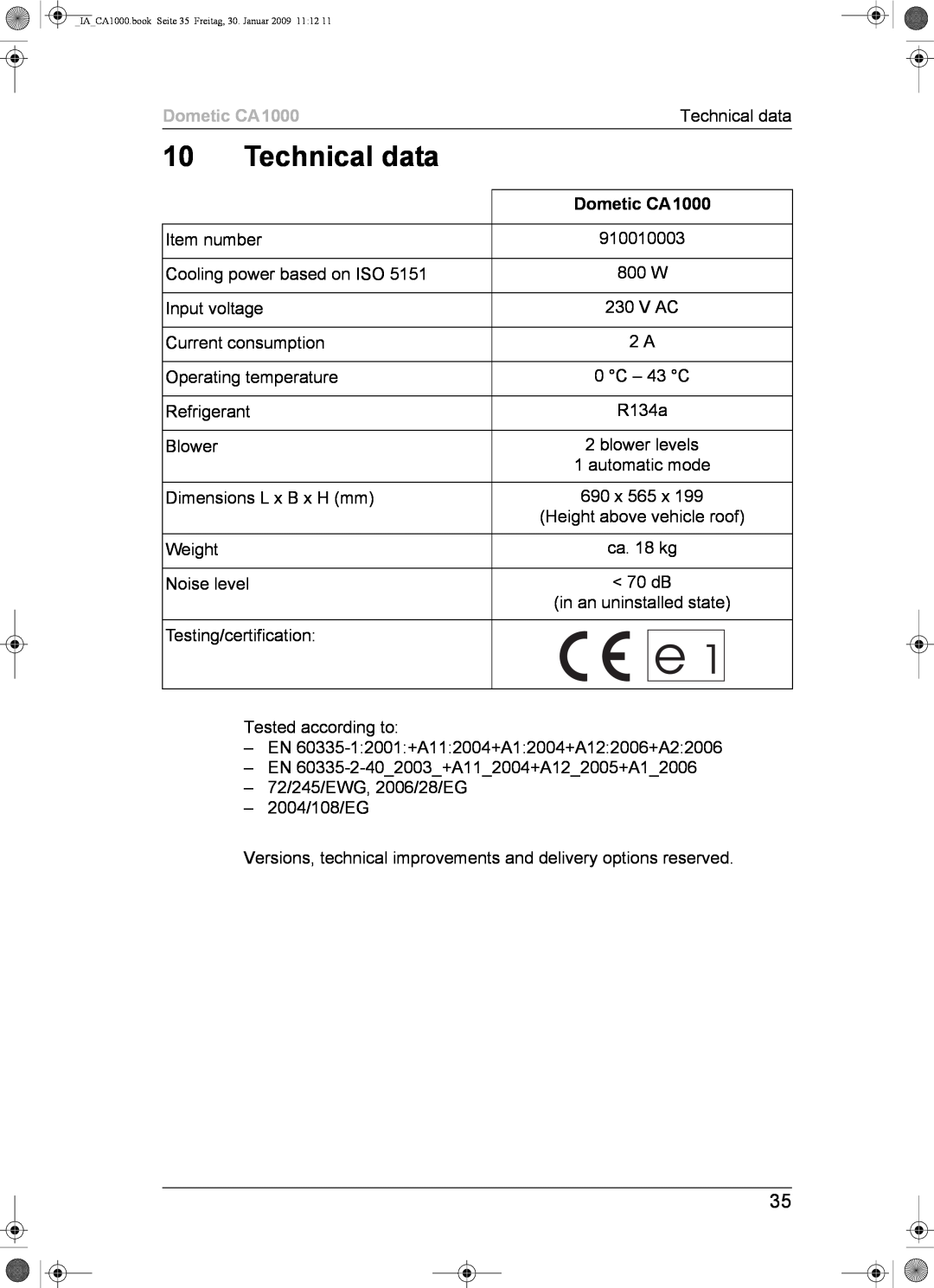 Dometic installation manual Technical data, Dometic CA1000 