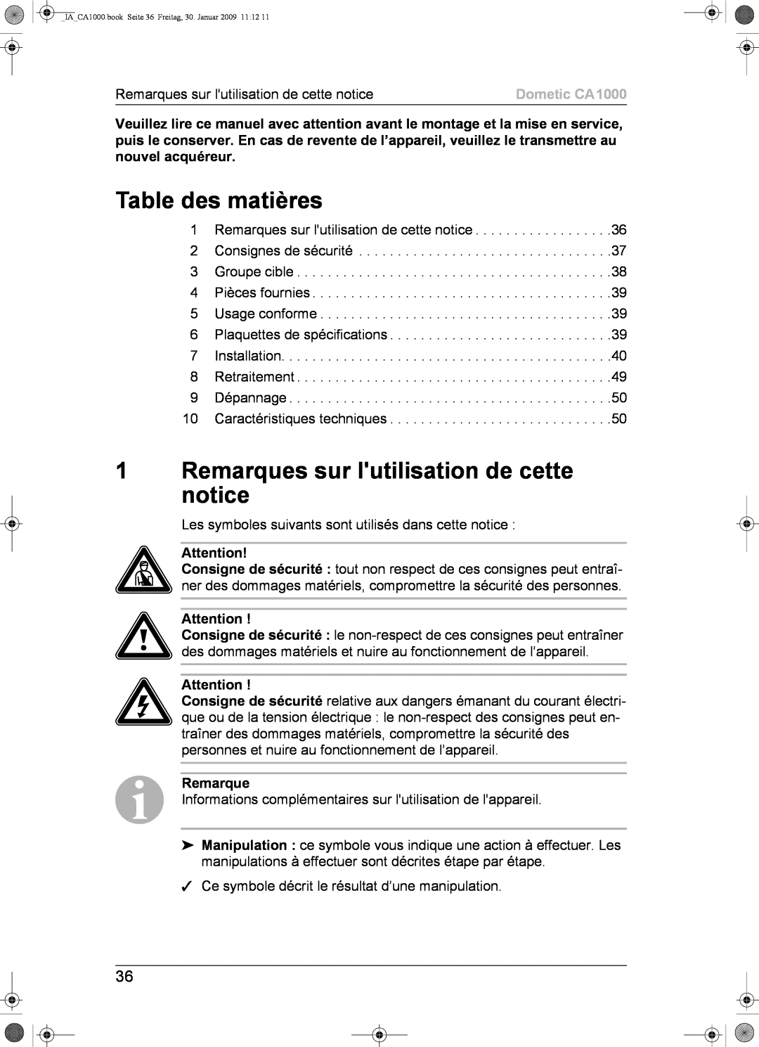 Dometic installation manual Table des matières, 1Remarques sur lutilisation de cette notice, Dometic CA1000 