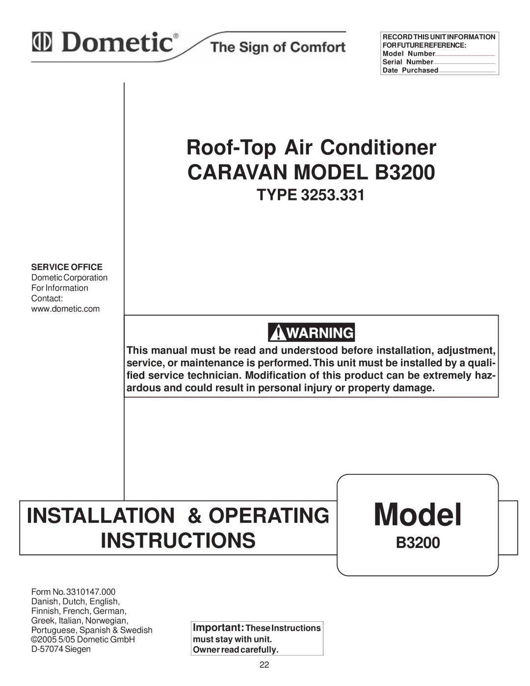 Dometic CARAVAN MODEL B3200 operating instructions Model 