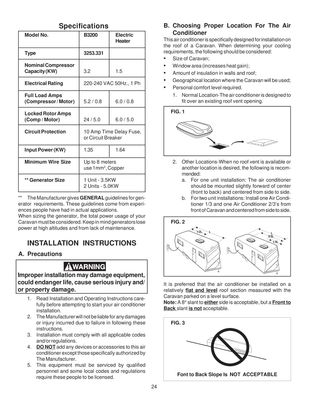 Dometic CARAVAN MODEL B3200 Installation Instructions, Choosing Proper Location For The Air Conditioner 