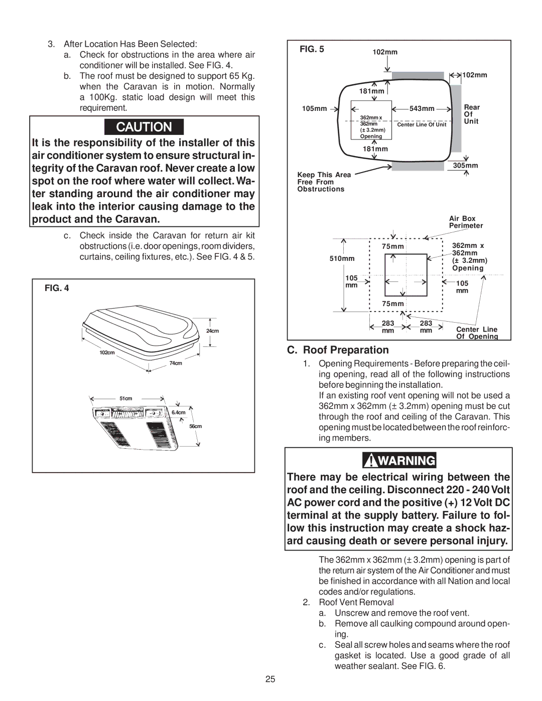 Dometic CARAVAN MODEL B3200 operating instructions Roof Preparation 