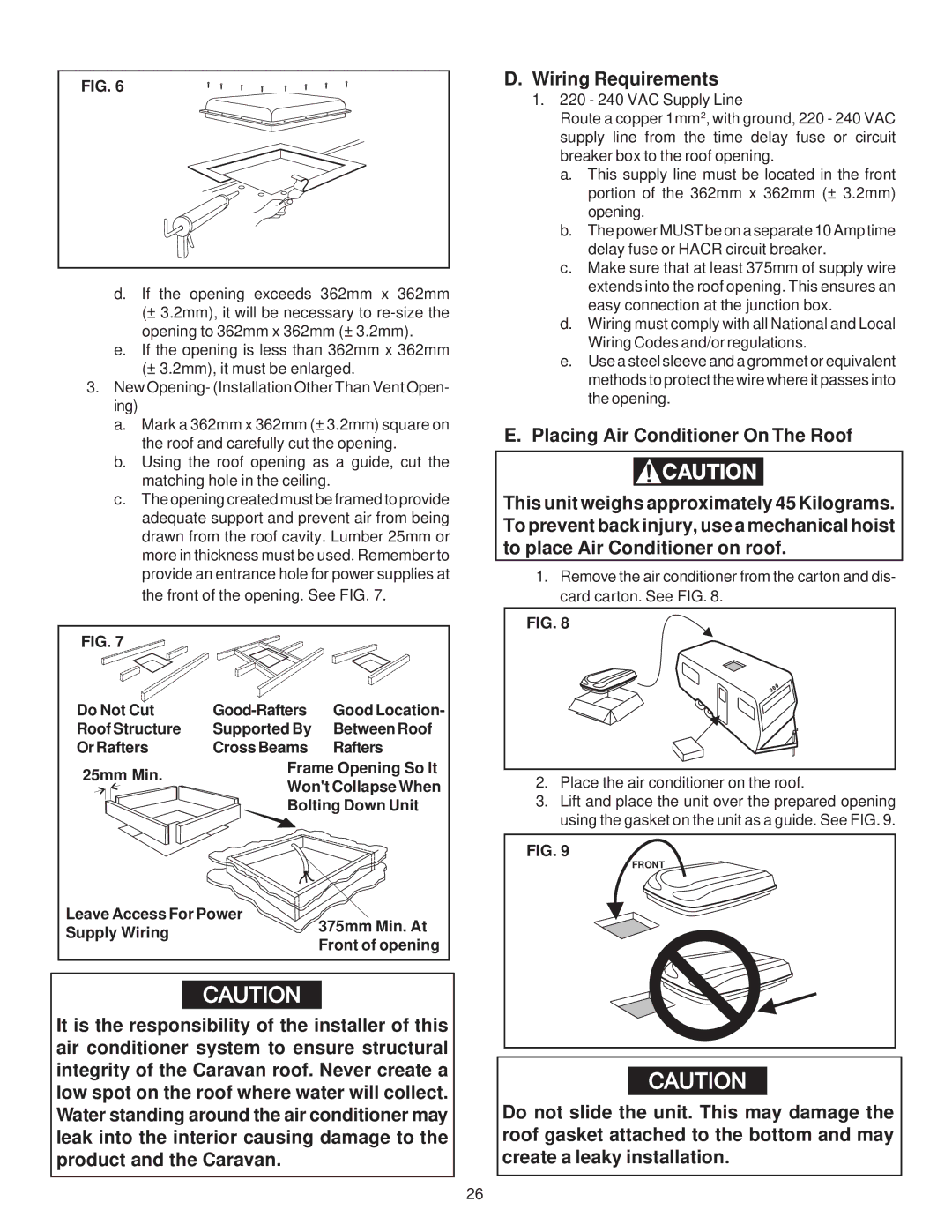 Dometic CARAVAN MODEL B3200 operating instructions Placing Air Conditioner On The Roof 