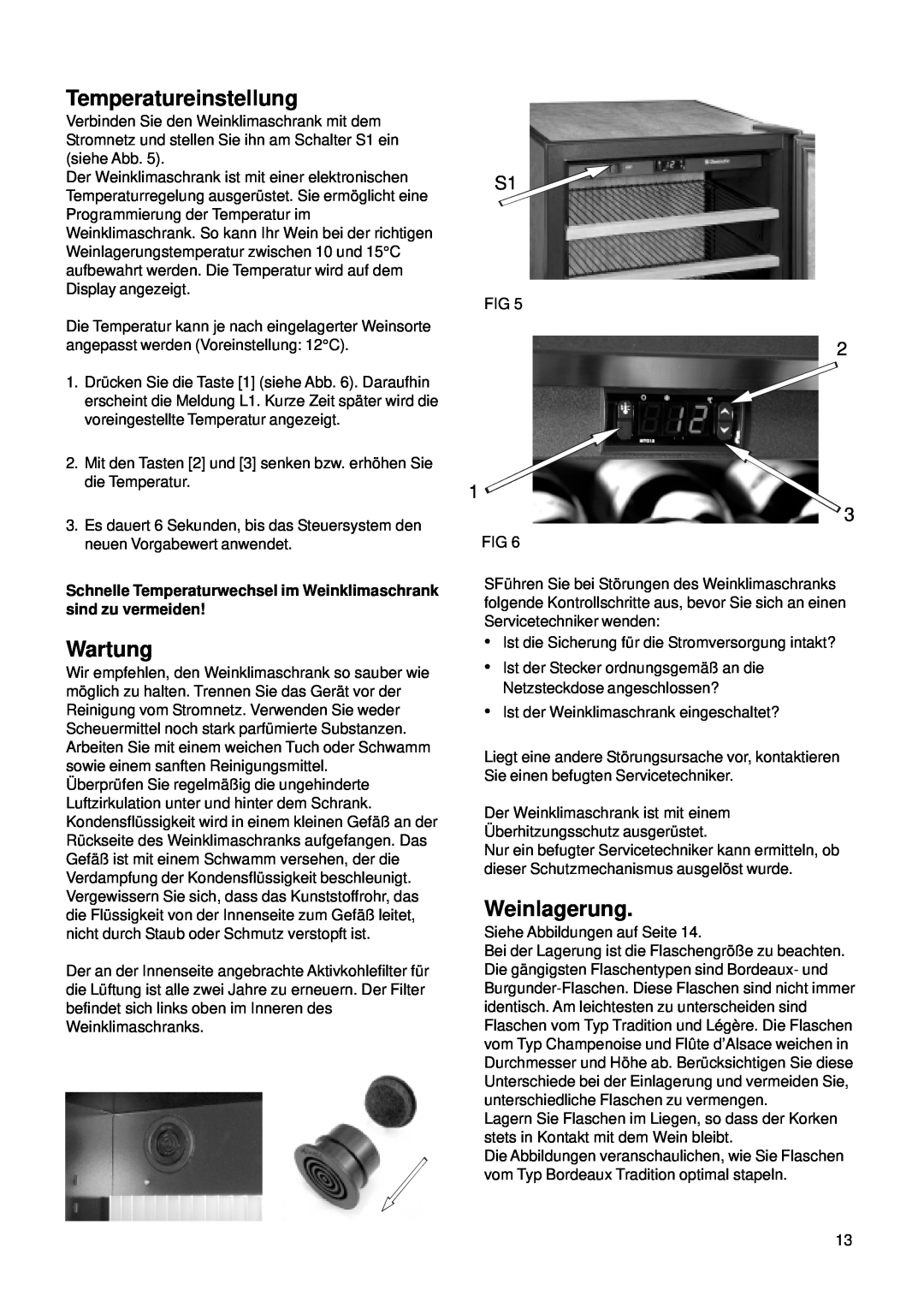 Dometic CS 52 instruction manual Temperatureinstellung, Wartung, Weinlagerung 