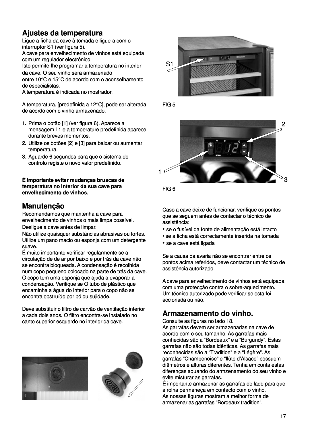 Dometic CS 52 instruction manual Ajustes da temperatura, Manutençã o, Armazenamento do vinho 