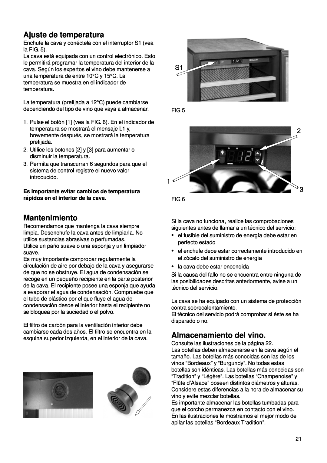 Dometic CS 52 instruction manual Ajuste de temperatura, Mantenimiento, Almacenamiento del vino 