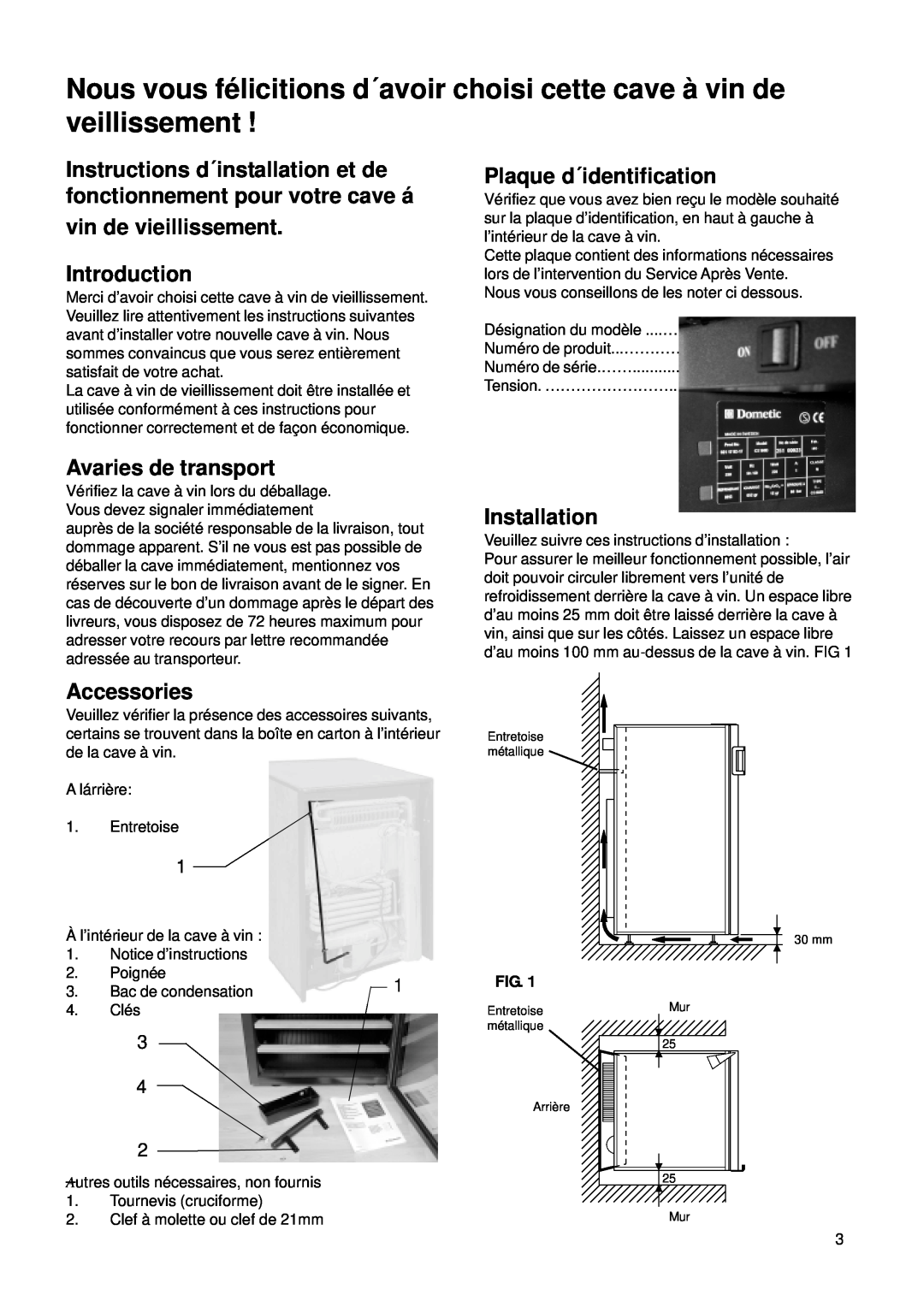 Dometic CS 52 instruction manual Introduction, Avaries de transport, Accessories, Plaque d´identification, Installation 