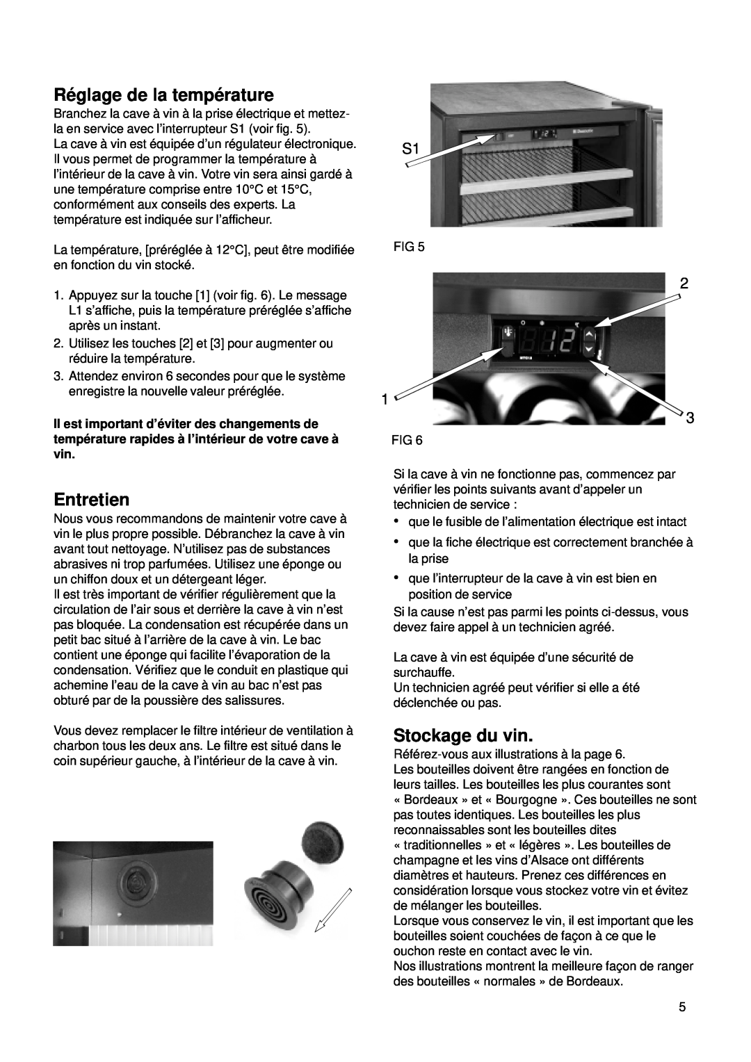 Dometic CS 52 instruction manual Ré glage de la tempé rature, Entretien, Stockage du vin 