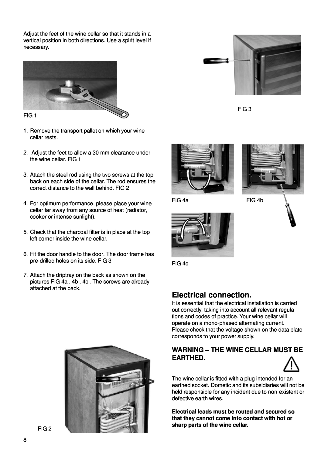 Dometic CS 52 instruction manual Electrical connection, Warning - The Wine Cellar Must Be Earthed 