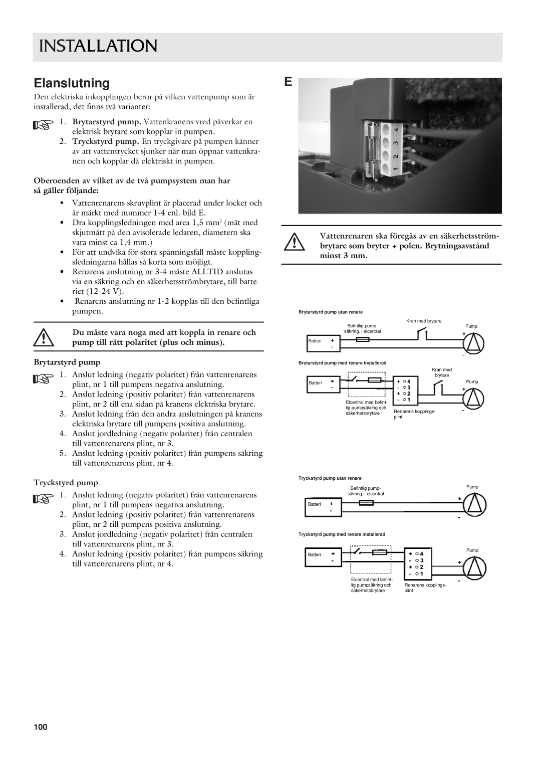 Dometic CWP 5311 user manual Elanslutning, Brytarstyrd pump, Tryckstyrd pump 