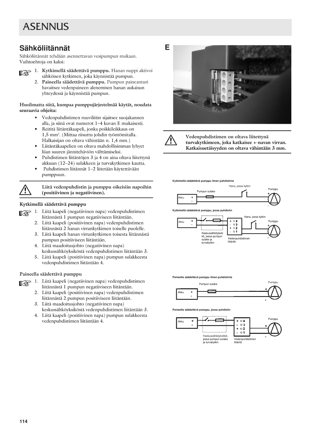 Dometic CWP 5311 user manual Sähköliitännät, Kytkimellä säädettävä pumppu, jossa puhdistin 