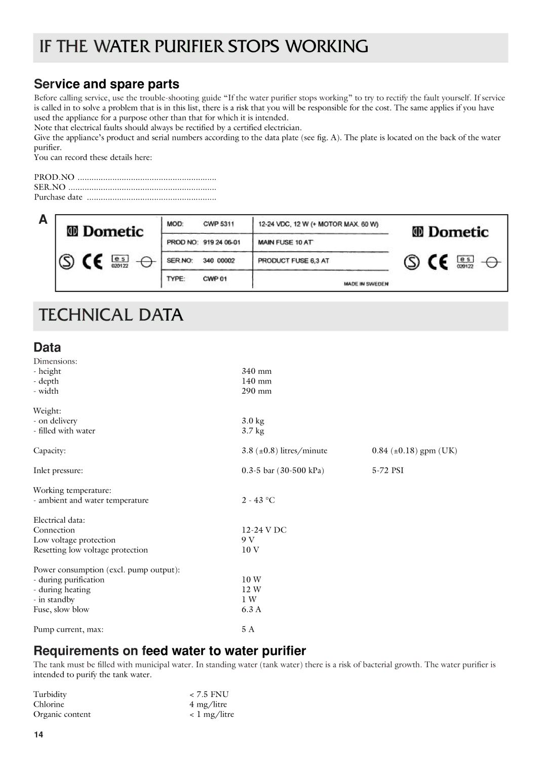 Dometic CWP 5311 user manual Technical Data, Service and spare parts, Requirements on feed water to water purifier 