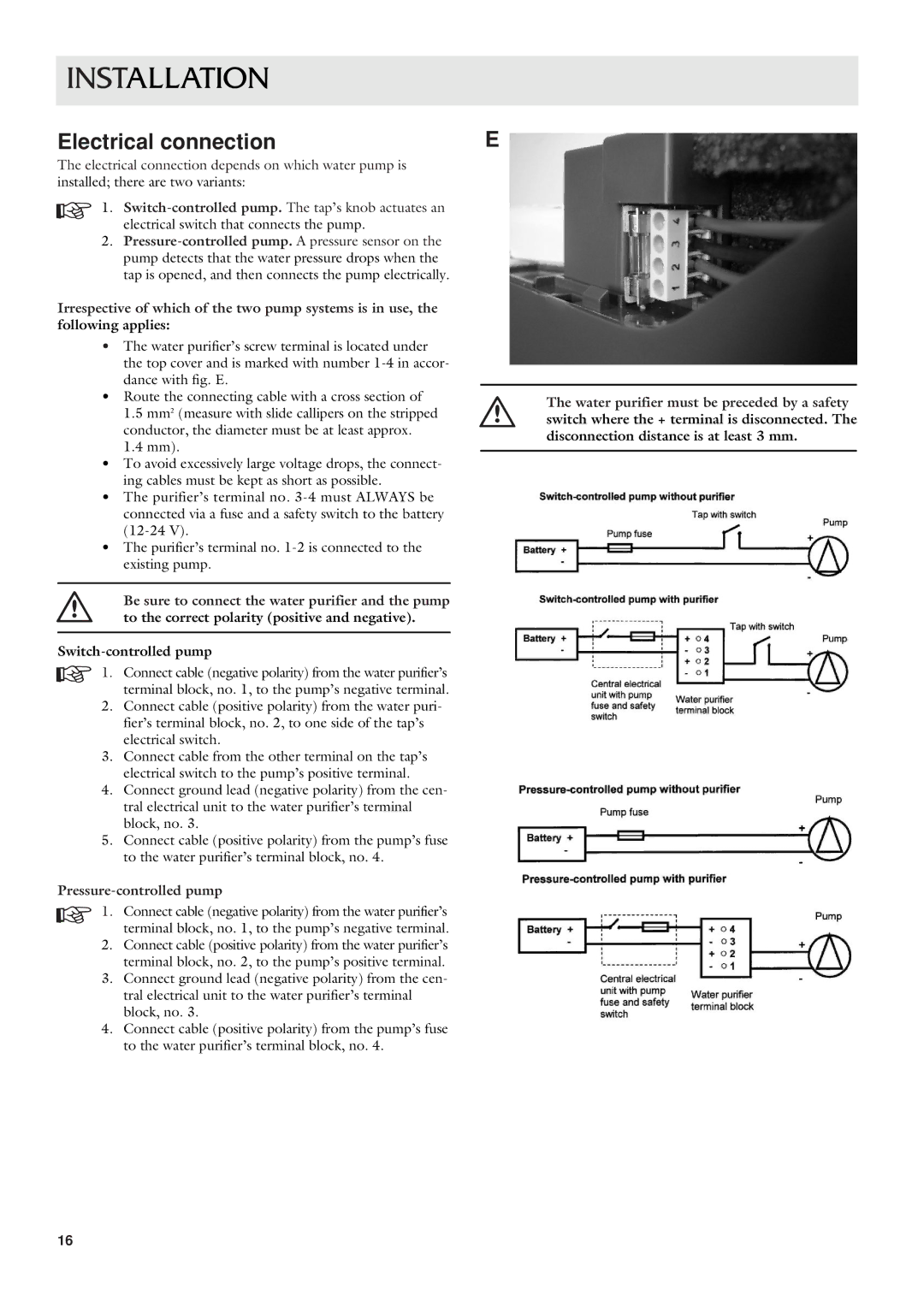 Dometic CWP 5311 user manual Electrical connection, Pressure-controlled pump 